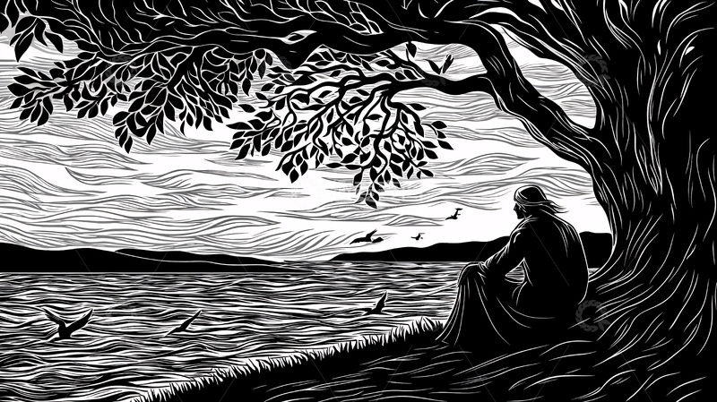 高清大图下载【趣麦麦图】树下女子临湖远眺