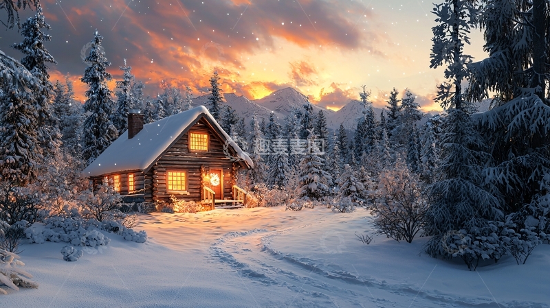 高清大图下载【趣麦麦图】雪夜森林小屋