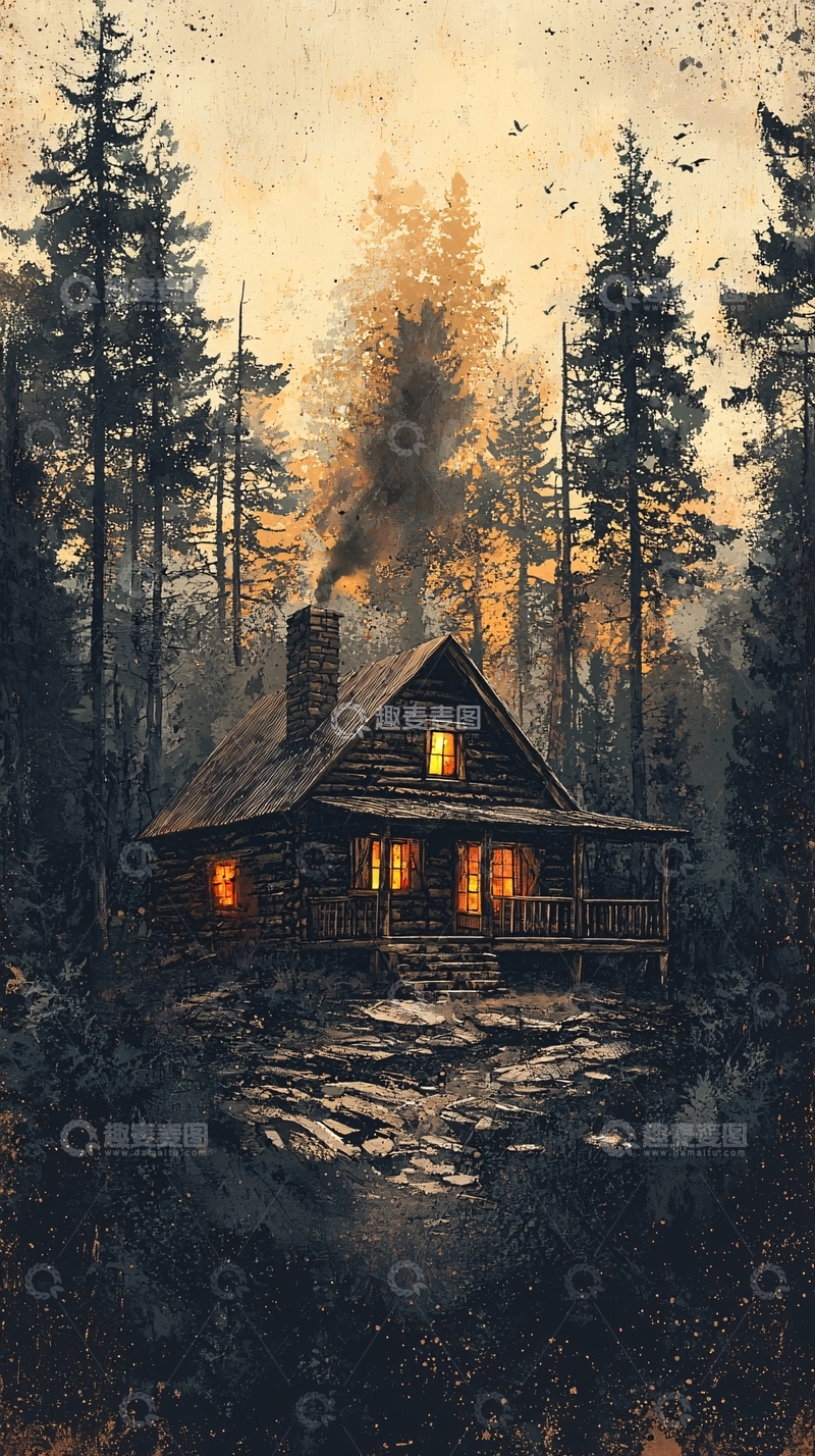 高清大图下载【趣麦麦图】森林小屋黄昏景色