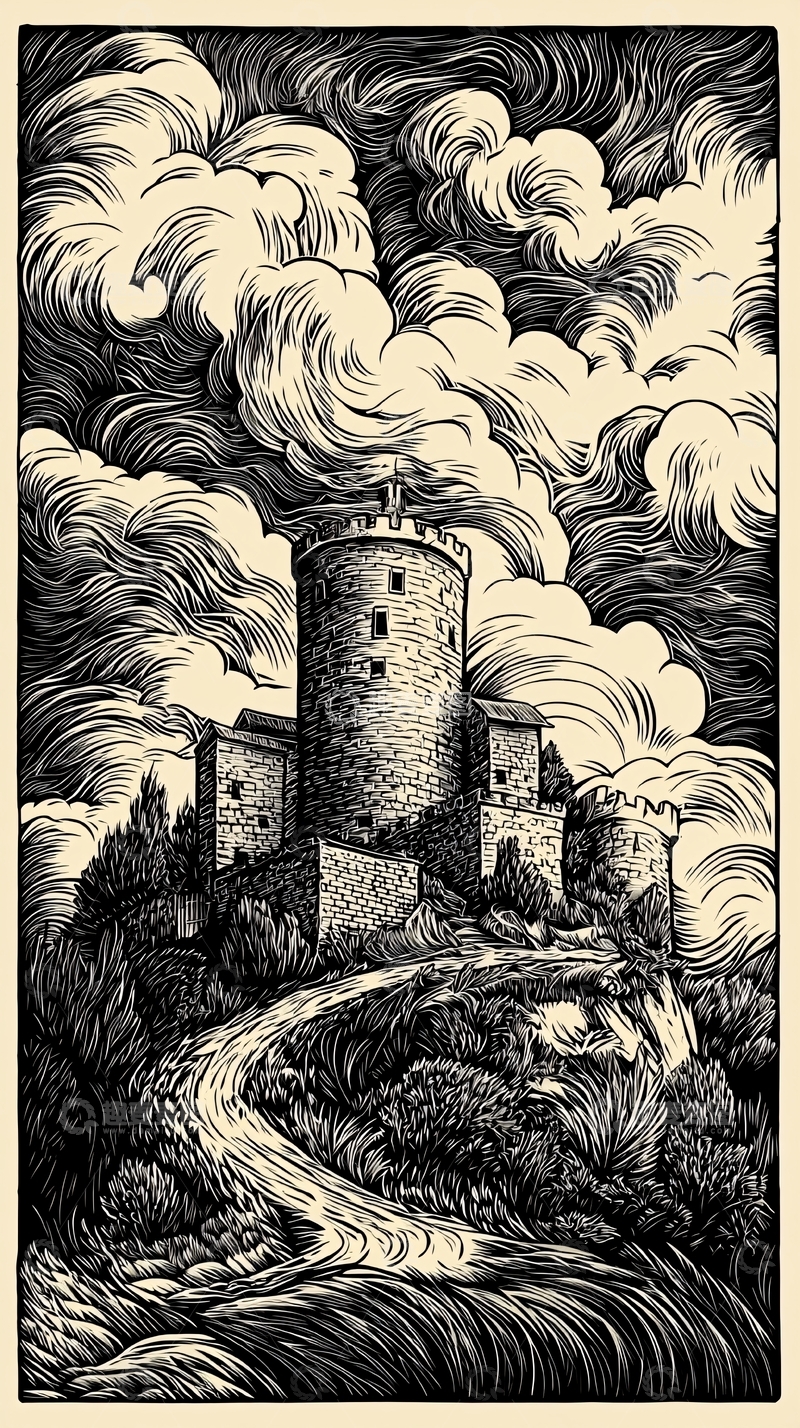 高清大图下载【趣麦麦图】山顶古堡黑白木刻画