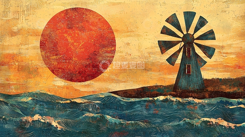 高清大图下载【趣麦麦图】日落海景风车画