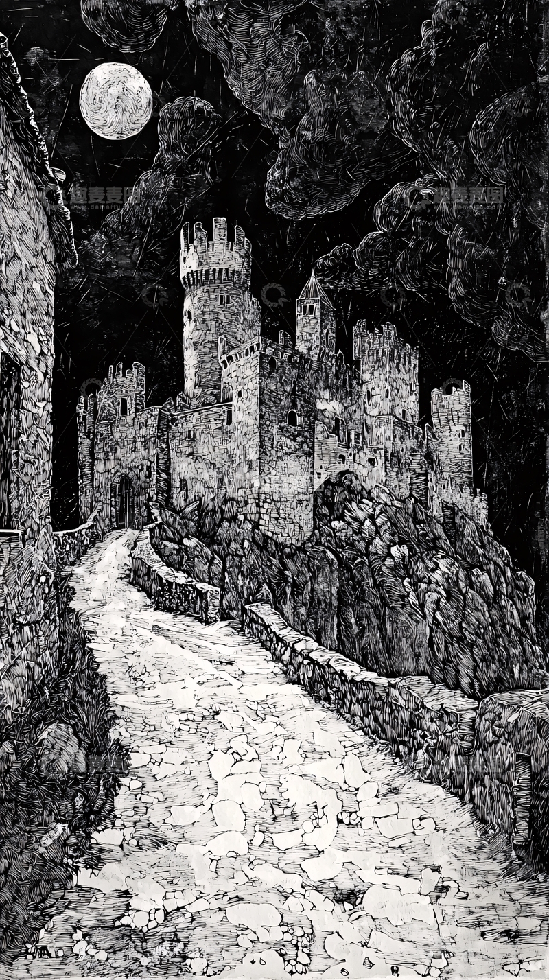 高清大图下载【趣麦麦图】月夜古堡石路