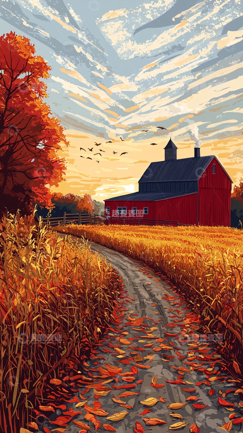 高清大图下载【趣麦麦图】秋日农场红屋风景