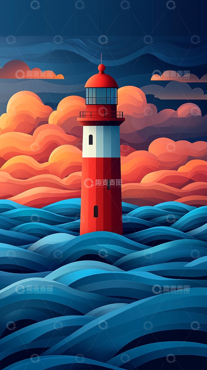 高清大图下载【趣麦麦图】夜晚大海灯塔