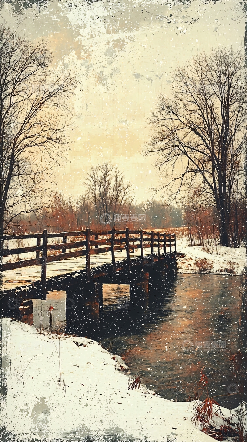 高清大图下载【趣麦麦图】冬日雪景小桥流水