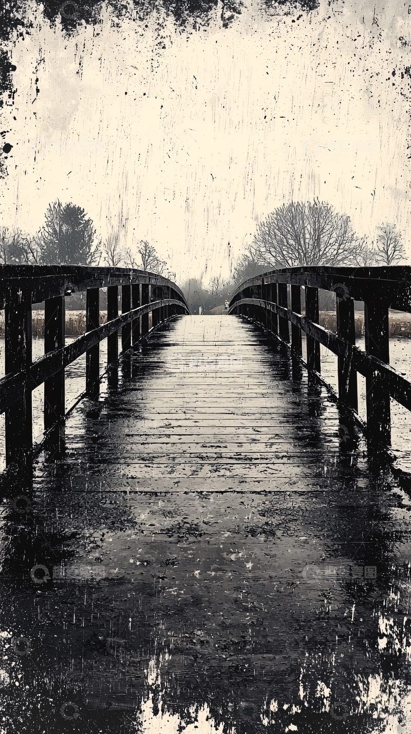 高清大图下载【趣麦麦图】雨天木桥