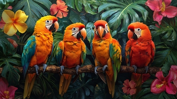 热带鹦鹉栖息花丛
