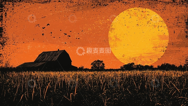 高清大图下载【趣麦麦图】日落农舍剪影