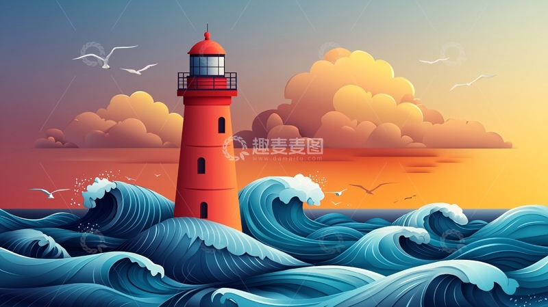 高清大图下载【趣麦麦图】红色灯塔海浪日落