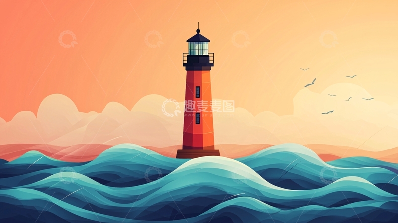 高清大图下载【趣麦麦图】海边灯塔日落剪影