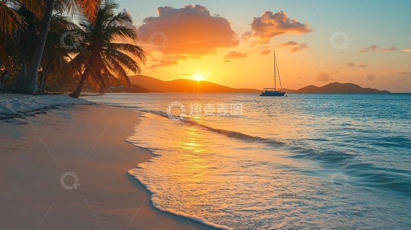 高清大图下载【趣麦麦图】海滩日落椰子树