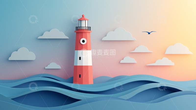 高清大图下载【趣麦麦图】简约风格灯塔海景图