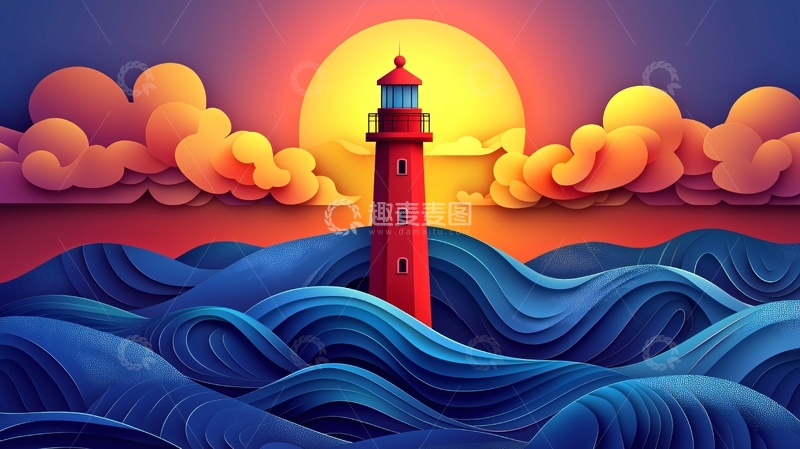 高清大图下载【趣麦麦图】日落海景灯塔剪纸风插画