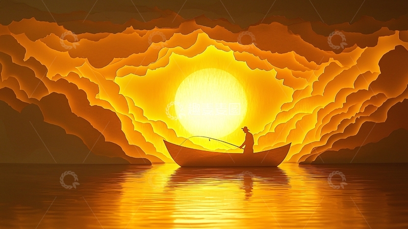 高清大图下载【趣麦麦图】-夕阳下垂钓的剪纸艺术