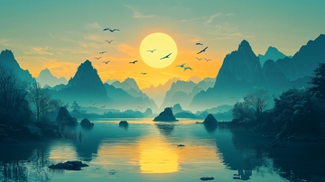 日落山水画