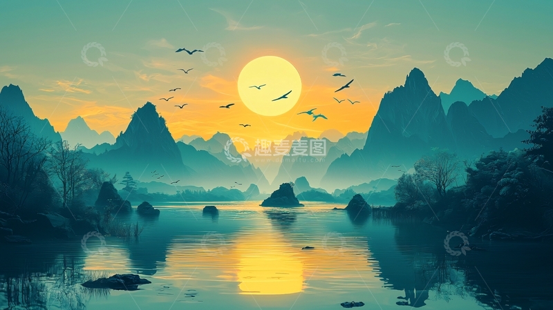 高清大图下载【趣麦麦图】日落山水画