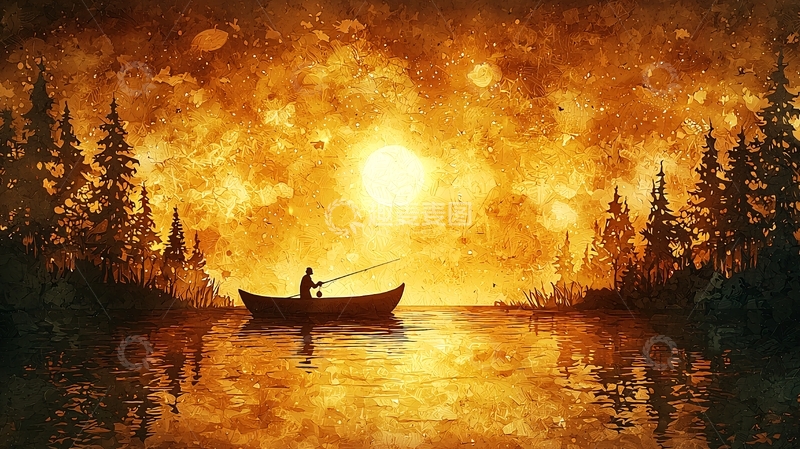高清大图下载【趣麦麦图】夕阳西下渔船独钓