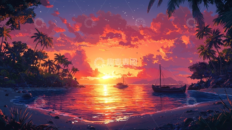 高清大图下载【趣麦麦图】热带海滩日落风景