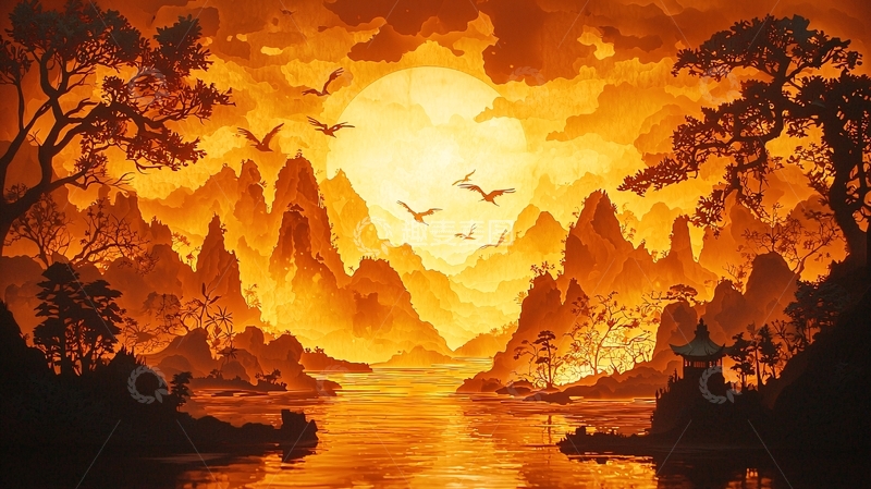 高清大图下载【趣麦麦图】金色夕阳山水画