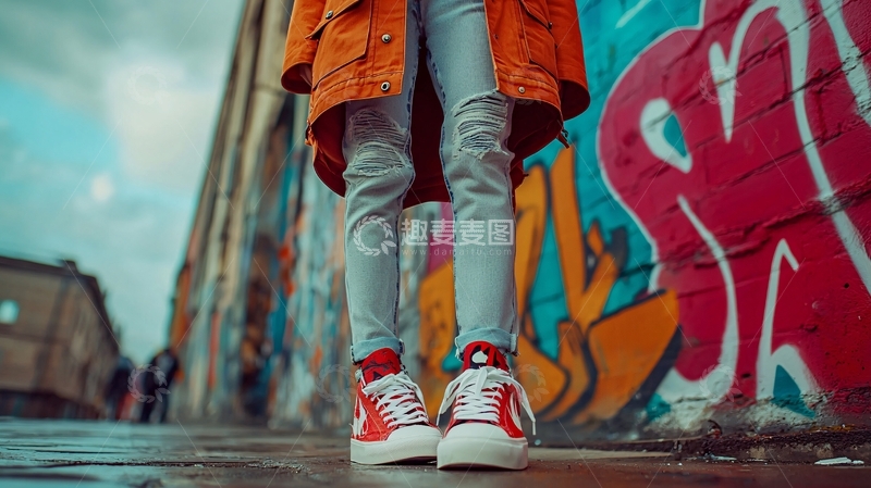 高清大图下载【趣麦麦图】街头涂鸦墙前女孩