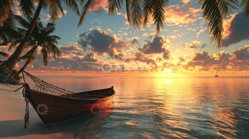 高清大图下载【趣麦麦图】热带海滩夕阳木船
