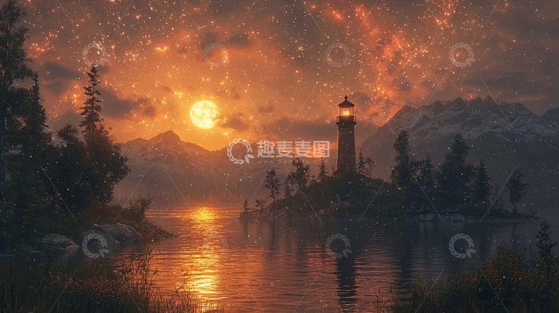 高清大图下载【趣麦麦图】日落灯塔湖泊山脉星空