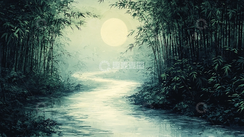 高清大图下载【趣麦麦图】月光下的竹林小溪
