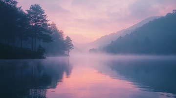 清晨薄雾山间湖泊