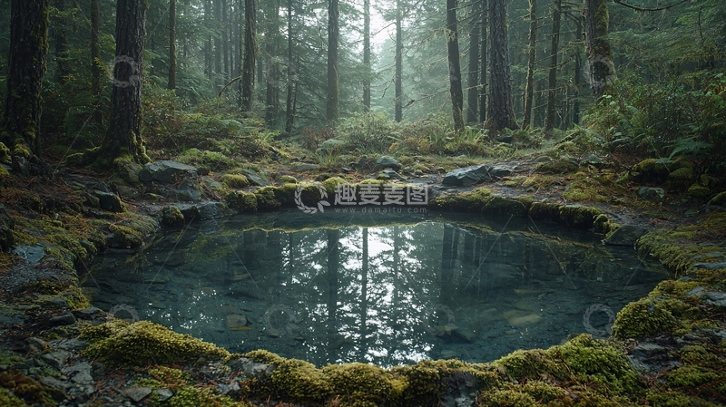 高清大图下载【趣麦麦图】雾气森林小池塘