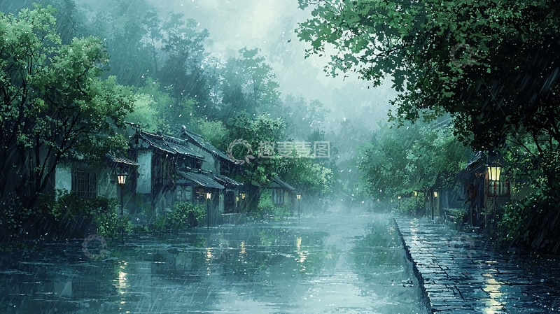 高清大图下载【趣麦麦图】雨中日式小镇
