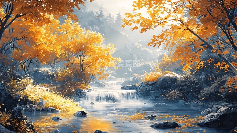 高清大图下载【趣麦麦图】秋日瀑布森林景色