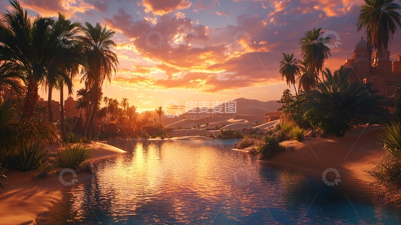 高清大图下载【趣麦麦图】日落时分的沙漠绿洲