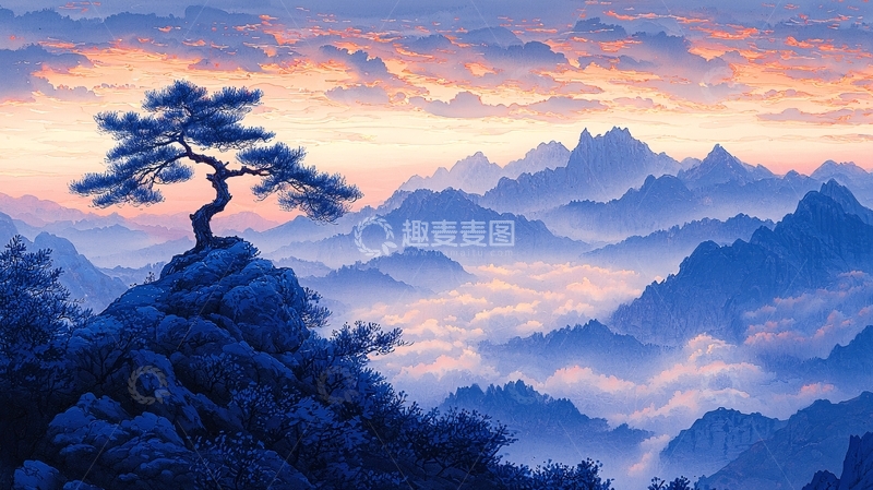 高清大图下载【趣麦麦图】山顶孤松日出云海