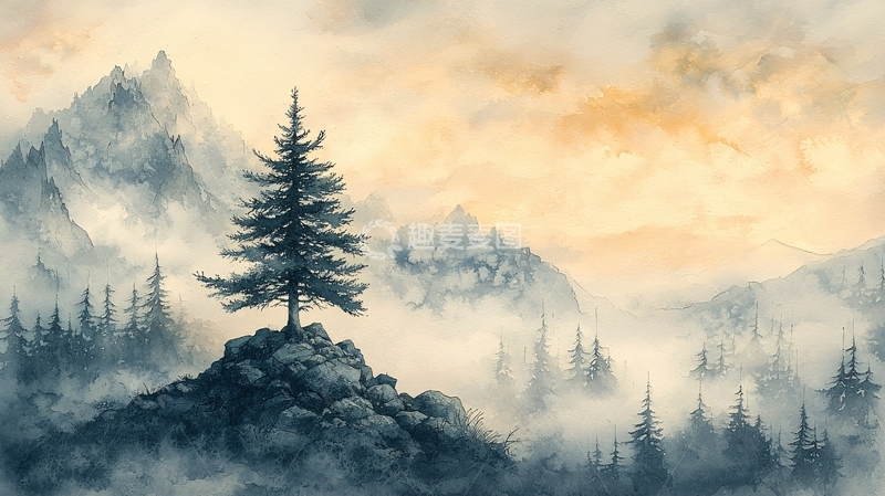 高清大图下载【趣麦麦图】雾气山峰孤树