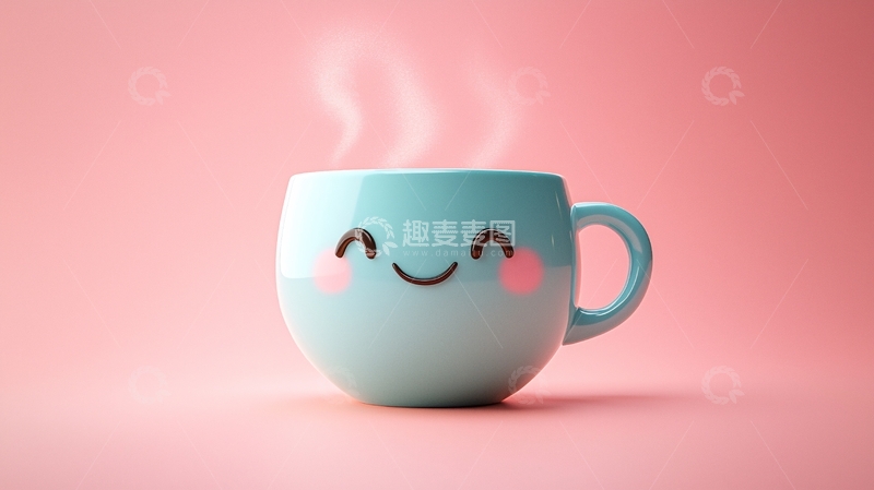 高清大图下载【趣麦麦图】粉色背景下微笑的蓝色马克杯