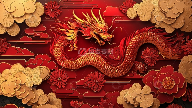 高清大图下载【趣麦麦图】祥云金龙红底纹理