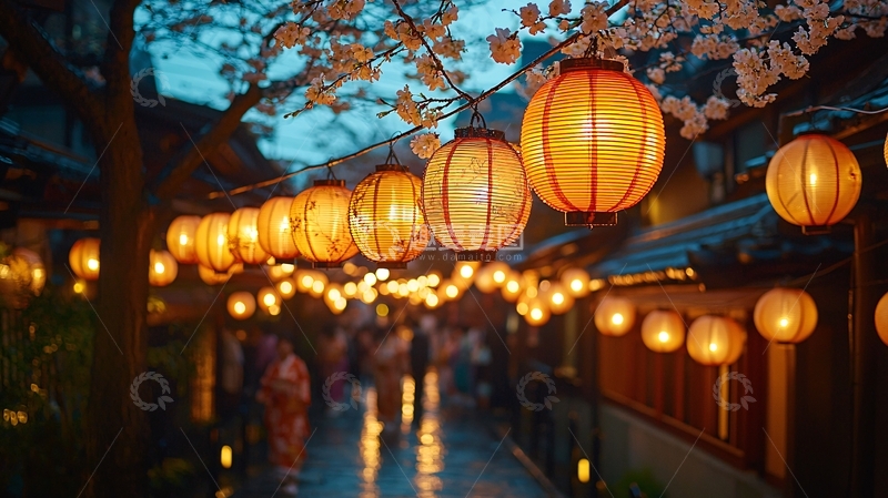 高清大图下载【趣麦麦图】樱花季夜晚灯笼街道