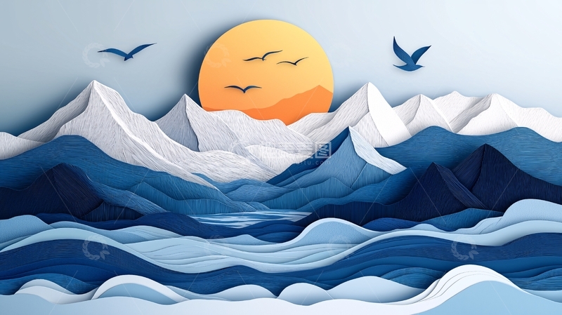 高清大图下载【趣麦麦图】纸艺风格海景山脉日落