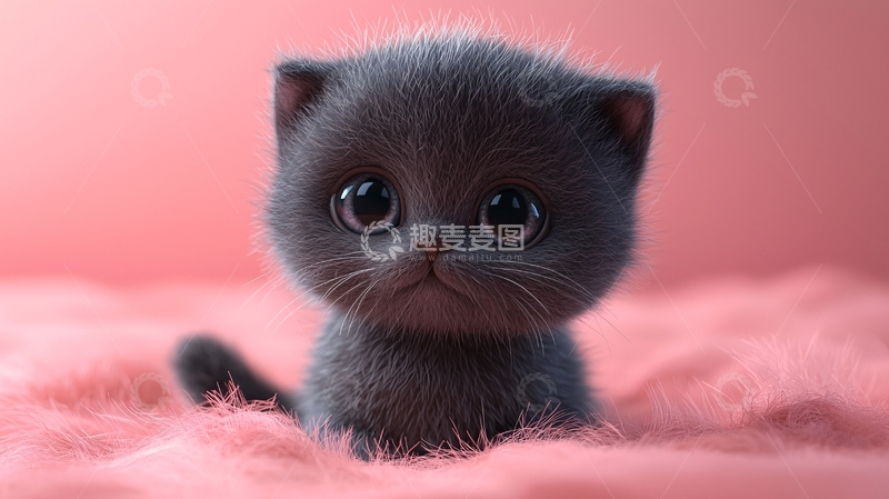 高清大图下载【趣麦麦图】粉色背景下的小灰猫