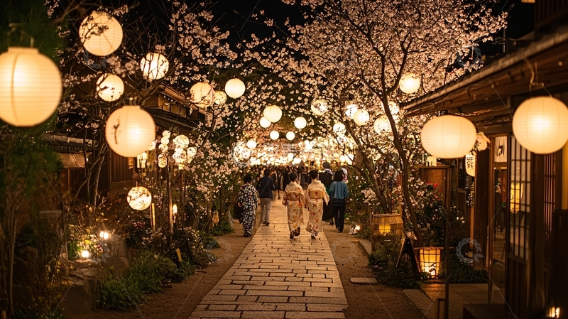 高清大图下载【趣麦麦图】夜晚樱花灯笼小路