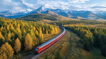 秋日火车雪山风景