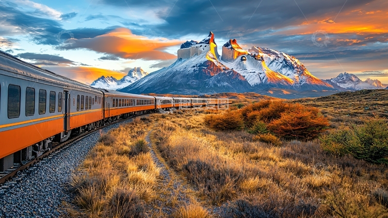 高清大图下载【趣麦麦图】火车驶过雪山日落