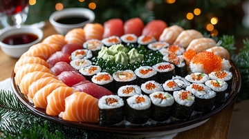 盛放寿司的黑色大圆盘