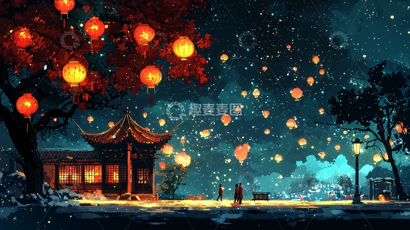 高清大图下载【趣麦麦图】梦幻红灯笼夜景