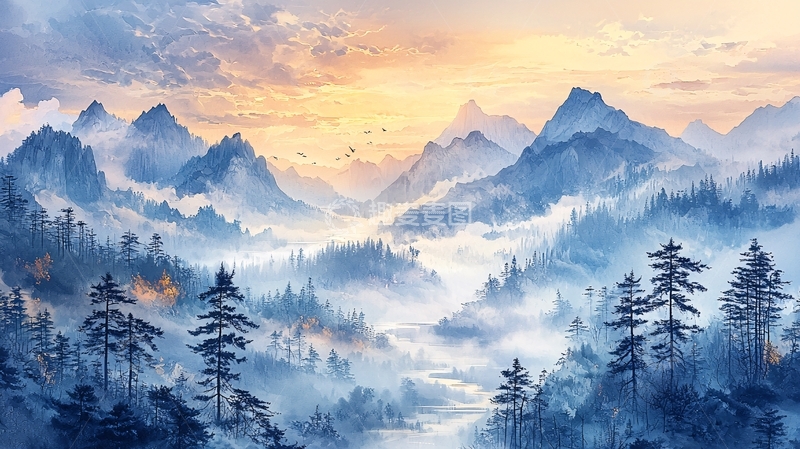 高清大图下载【趣麦麦图】雾气缭绕的蓝色山脉