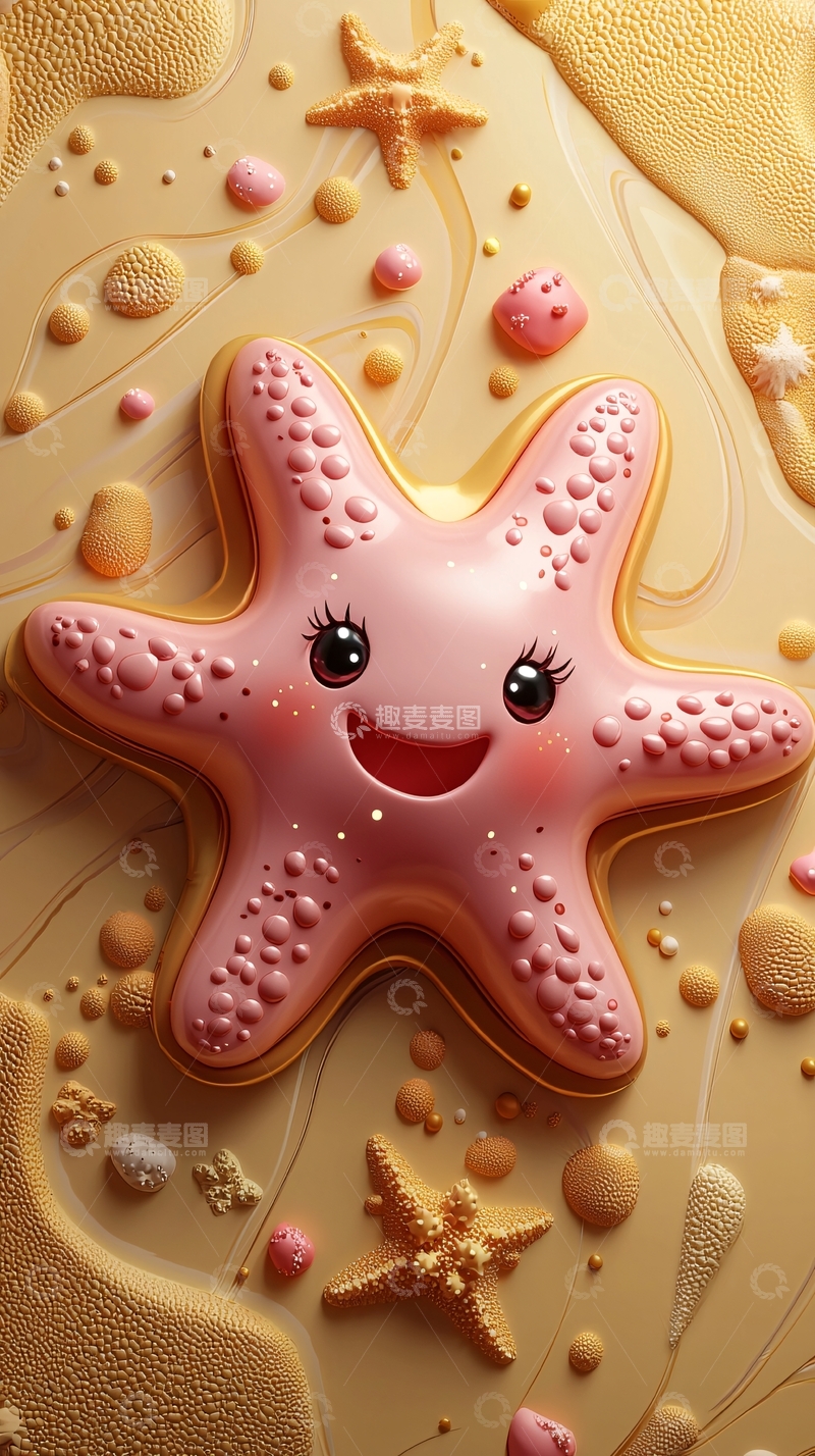 高清大图下载【趣麦麦图】沙滩上的粉色卡通海星