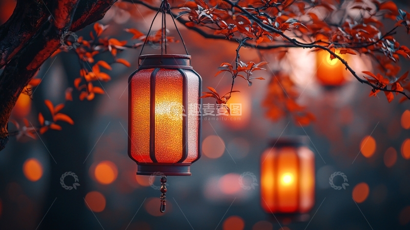 高清大图下载【趣麦麦图】秋季树枝挂灯笼