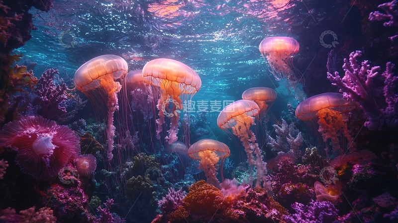 高清大图下载【趣麦麦图】深海彩色水母珊瑚礁群