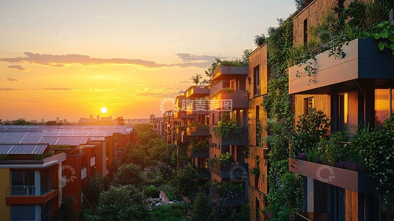高清大图下载【趣麦麦图】夕阳下的绿色环保建筑群