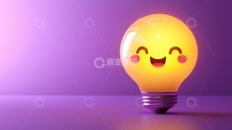 高清大图下载【趣麦麦图】紫色背景下可爱笑脸灯泡